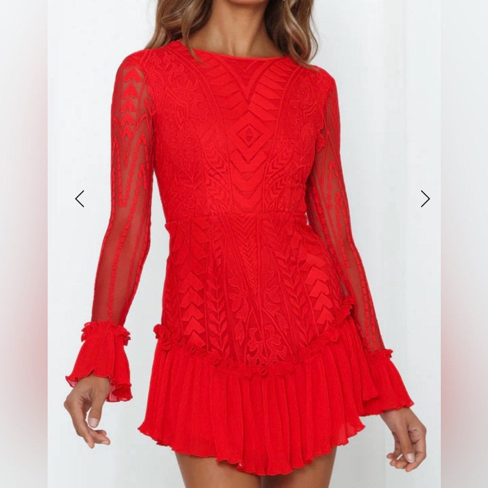 HELLO MOLLY SPEND ALL YOUR TIME WAITING DRESS SIZE 4 Red Lace Long Sleeve Mini